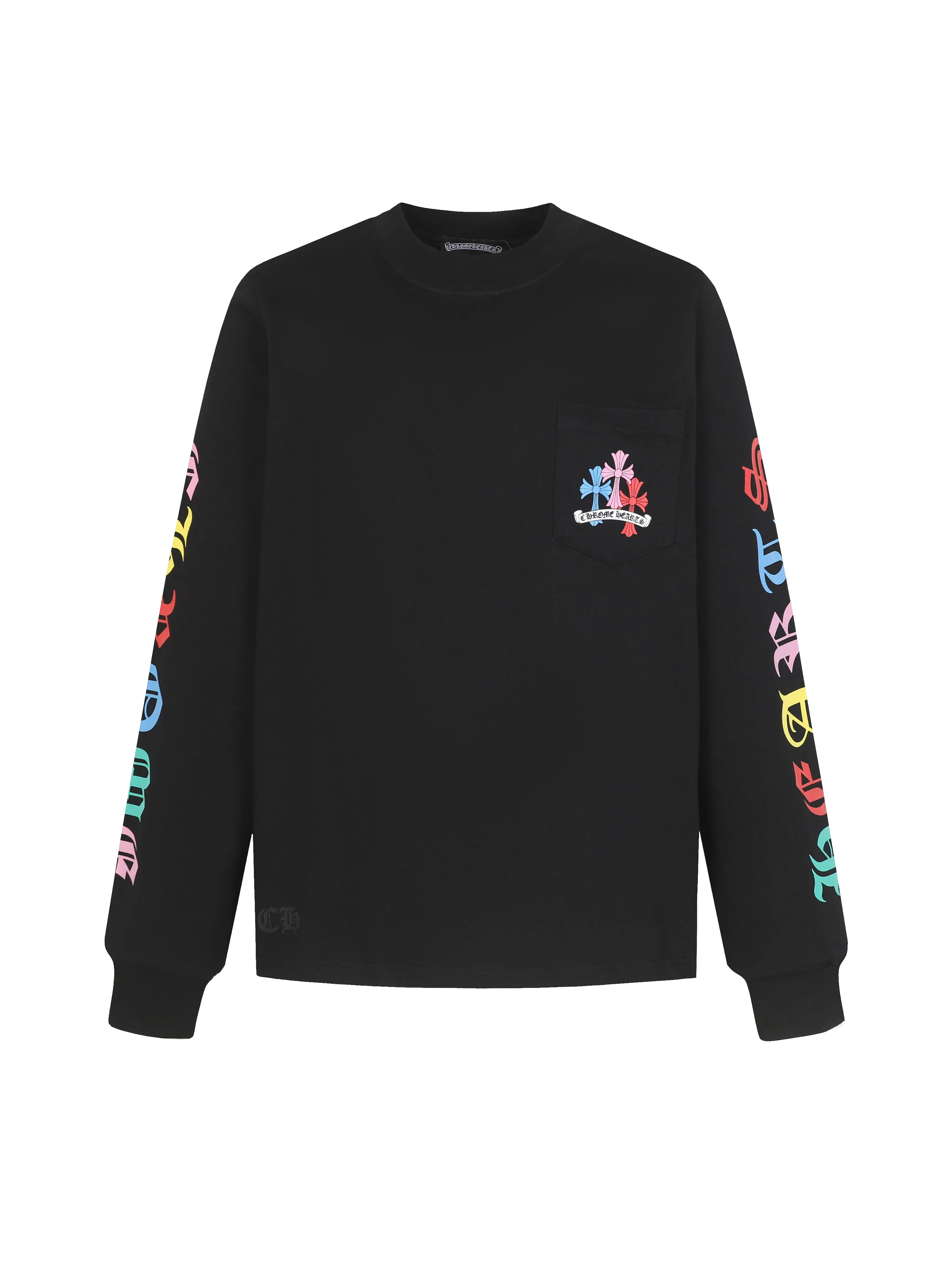 🅿️260 Come Hearts/Cro Hearts Colorful Cross Sanskrit Printed Long Sleeves, great for autumn and winter! Chest pockets, high weight threads on collar and cuffs, custom woven and dyed 280g double yarn pure cotton fabric, washed anti-counterfeiting tags and other auxiliary labels are all correct versions, super conspicuous, super good-looking, super atmospheric, same style for men and women! The overall upper body highlights fashion and individuality, and it is a recommended T-shirt for couples to wear together!! Color: black/white Size: XS-L
